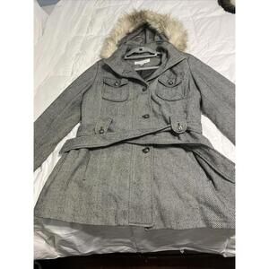 Liz Claiborne Coat Women’s Wool Blend Black Gray Pinstripe Peacoat W/hood Sz L